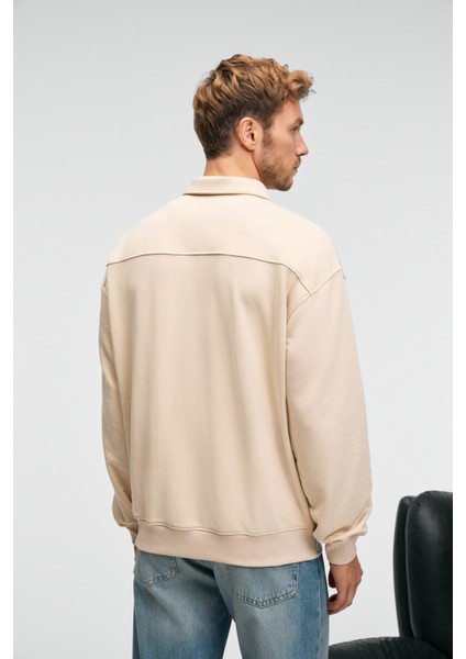 AUGUST Erkek %100 Pamuk Yarım Fermuarlı Yakalı Cepli Süs Etiketli Bej Sweatshirt