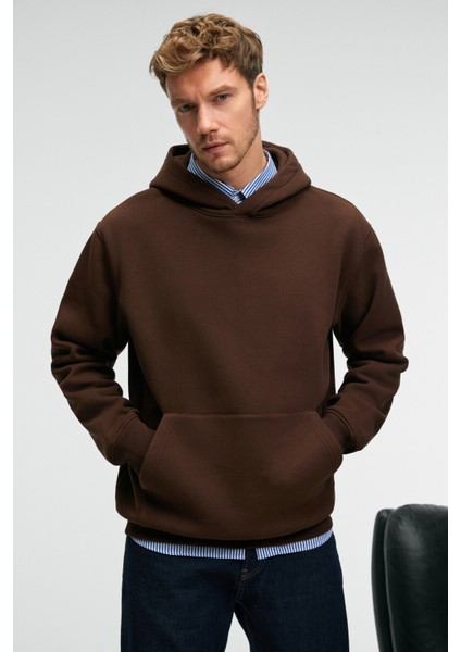 AMOS Erkek Yumuşak Kumaşlı 3 İplik Oversize Kapüşonlu Kanguru Cepli Acı Kahve Sweatshirt