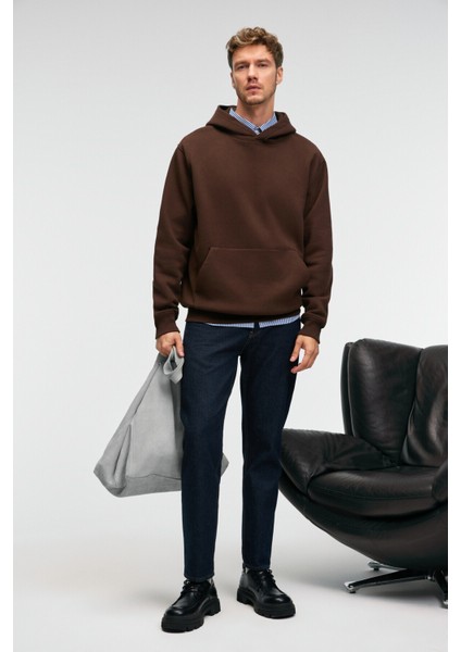 AMOS Erkek Yumuşak Kumaşlı 3 İplik Oversize Kapüşonlu Kanguru Cepli Acı Kahve Sweatshirt fiyatları