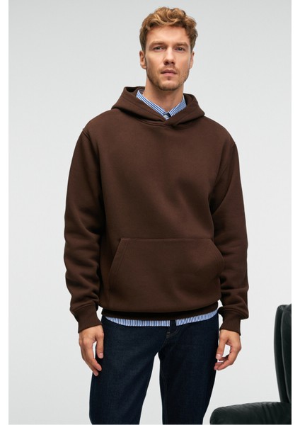 AMOS Erkek Yumuşak Kumaşlı 3 İplik Oversize Kapüşonlu Kanguru Cepli Acı Kahve Sweatshirt modelleri