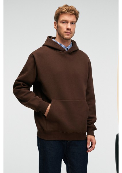 AMOS Erkek Yumuşak Kumaşlı 3 İplik Oversize Kapüşonlu Kanguru Cepli Acı Kahve Sweatshirt fırsatları