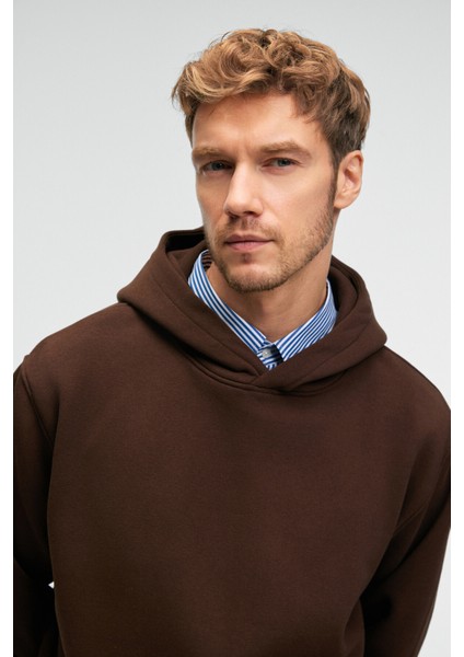 AMOS Erkek Yumuşak Kumaşlı 3 İplik Oversize Kapüşonlu Kanguru Cepli Acı Kahve Sweatshirt indirimleri