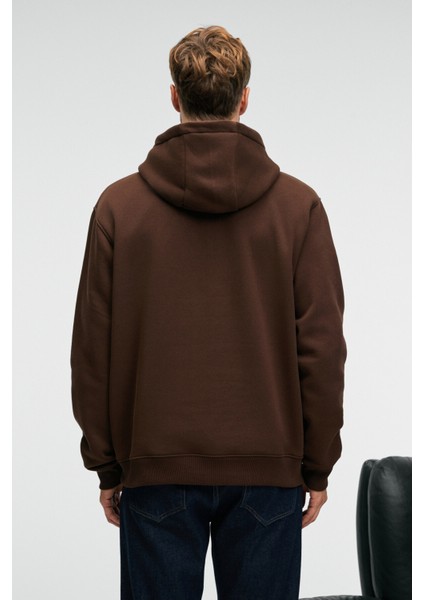 AMOS Erkek Yumuşak Kumaşlı 3 İplik Oversize Kapüşonlu Kanguru Cepli Acı Kahve Sweatshirt