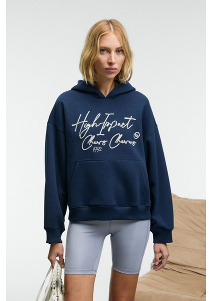 KIKRES Kadın Kapüşonlu Nakış Detaylı Oversize Lacivert Sweatshirt fiyatları