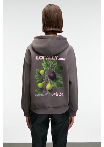 YANMESA Kadın Oversize Baskı Ve Nakış Detaylı Uzun Kollu Kapüşonlu Antrasit Sweatshirt