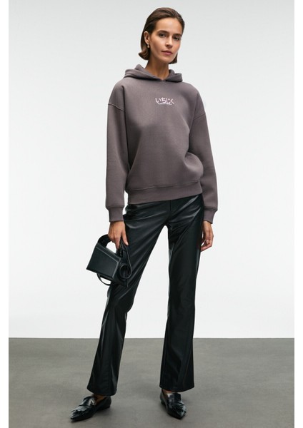 YANMESA Kadın Oversize Baskı Ve Nakış Detaylı Uzun Kollu Kapüşonlu Antrasit Sweatshirt indirimleri