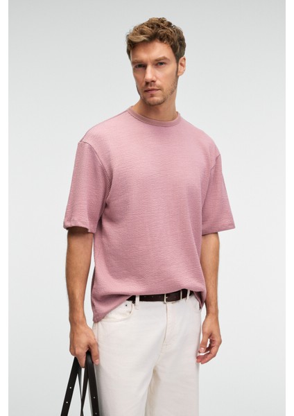 VINTAGE Erkek Kısa Kollu Yuvarlak Yaka Dokulu Gofre Kumaş Regular Fit Pembe T-Shirt fiyatları