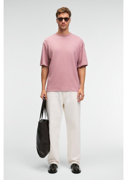 VINTAGE Erkek Kısa Kollu Yuvarlak Yaka Dokulu Gofre Kumaş Regular Fit Pembe T-Shirt fırsatları