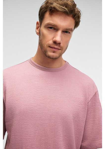 VINTAGE Erkek Kısa Kollu Yuvarlak Yaka Dokulu Gofre Kumaş Regular Fit Pembe T-Shirt indirimleri