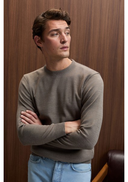 VAREX Erkek Yuvarlak Yaka Basic Slim Fit Triko Vizon Kazak