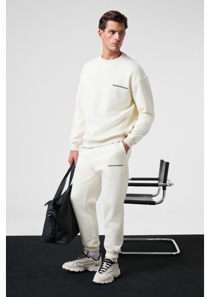 MARSHALL Erkek Pamuklu İçi Polarlı Nakışlı Relaxed Ekru Eşofman Takımı modelleri