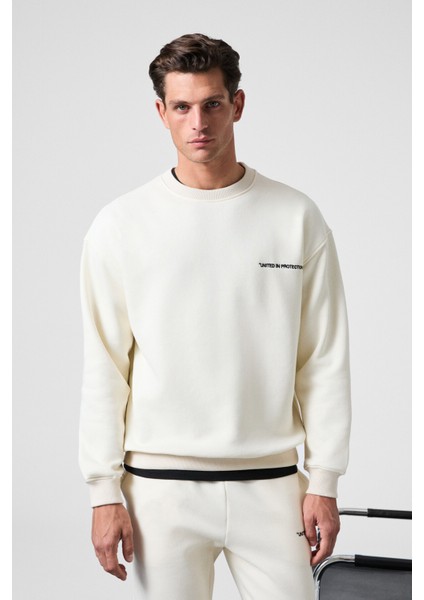 MARSHALL Erkek Pamuklu İçi Polarlı Nakışlı Relaxed Ekru Eşofman Takımı fırsatları