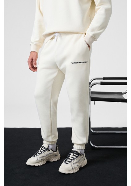 MARSHALL Erkek Pamuklu İçi Polarlı Nakışlı Relaxed Ekru Eşofman Takımı