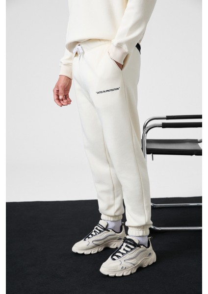 MARSHALL Erkek Pamuklu İçi Polarlı Nakışlı Relaxed Ekru Eşofman Takımı