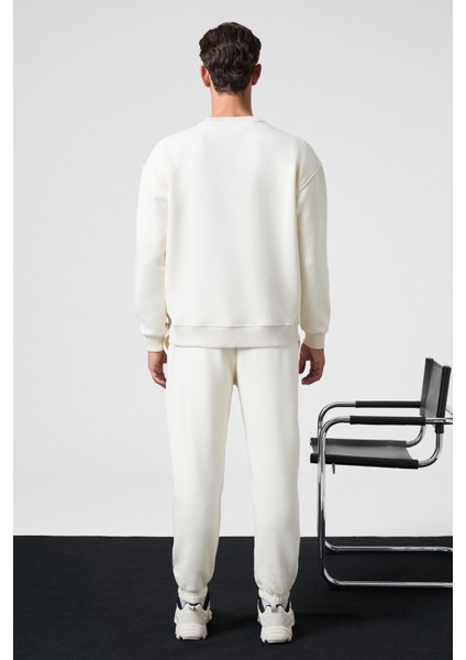 MARSHALL Erkek Pamuklu İçi Polarlı Nakışlı Relaxed Ekru Eşofman Takımı