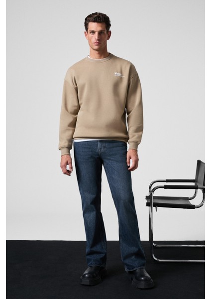 Ernest Erkek Organik Pamuklu Yumuşacık Baskı Detaylı Bisiklet Yaka İçi Polarlı Bej Sweatshirt fiyatları