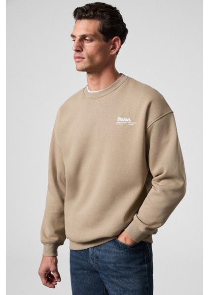 Ernest Erkek Organik Pamuklu Yumuşacık Baskı Detaylı Bisiklet Yaka İçi Polarlı Bej Sweatshirt fırsatları