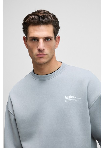 Ernest Erkek Organik Pamuklu Yumuşacık Baskı Detaylı Bisiklet Yaka İçi Polarlı Açık Gri Sweatshirt modelleri