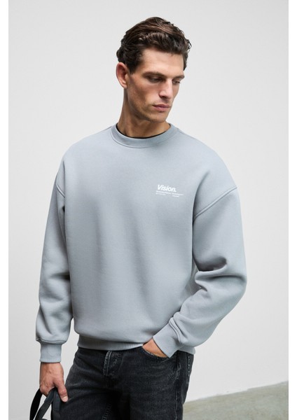 Ernest Erkek Organik Pamuklu Yumuşacık Baskı Detaylı Bisiklet Yaka İçi Polarlı Açık Gri Sweatshirt fırsatları