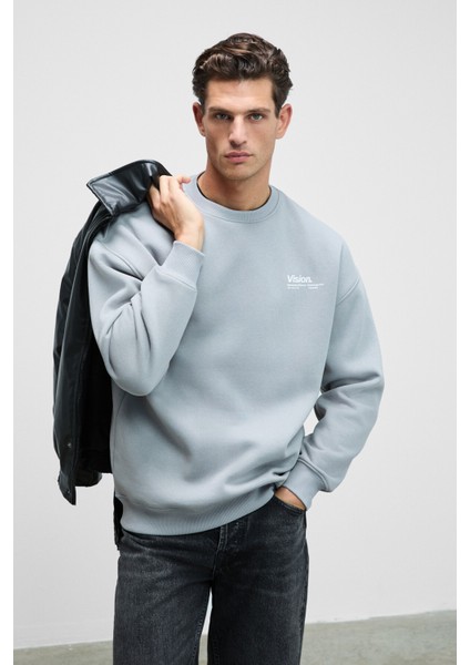 Ernest Erkek Organik Pamuklu Yumuşacık Baskı Detaylı Bisiklet Yaka İçi Polarlı Açık Gri Sweatshirt indirimleri