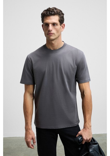 Solo Erkek %100 Organik Pamuklu Kalın Dokulu Comfort Fit Bisiklet Yakalı Antrasit T-Shirt fiyatları
