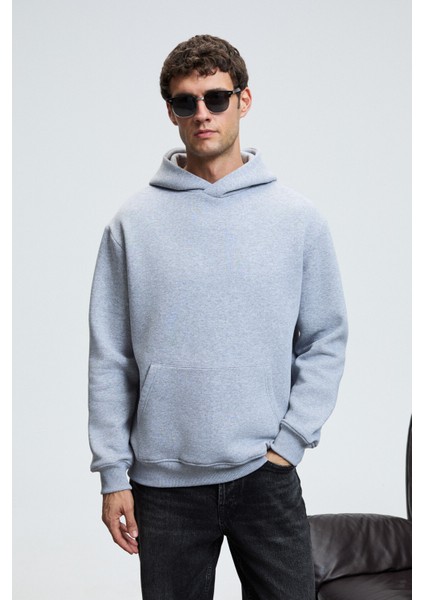 AMOS Erkek Yumuşak Kumaşlı 3 İplik Oversize Kapüşonlu Kanguru Cepli Grimelanj Sweatshirt