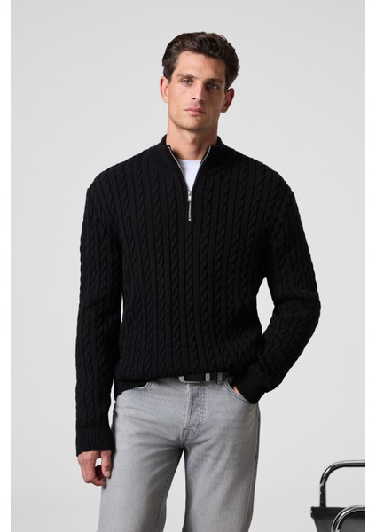 IVAR Erkek Yarım Fermuarlı Dik Yakalı Saç Örgü Desenli Triko Siyah Kazak