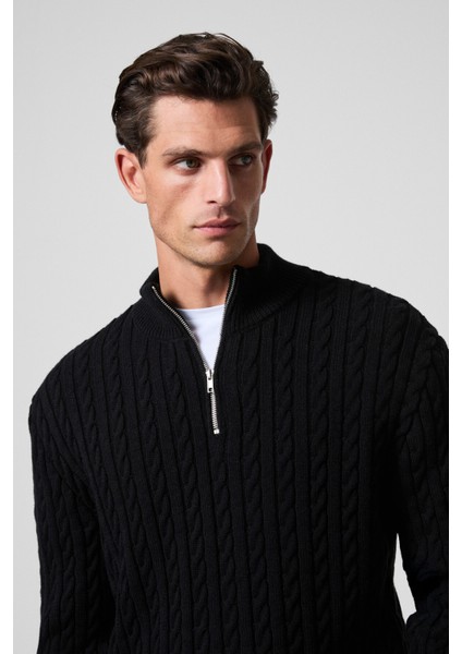 IVAR Erkek Yarım Fermuarlı Dik Yakalı Saç Örgü Desenli Triko Siyah Kazak fiyatları