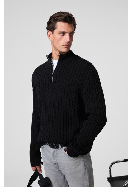 IVAR Erkek Yarım Fermuarlı Dik Yakalı Saç Örgü Desenli Triko Siyah Kazak fırsatları