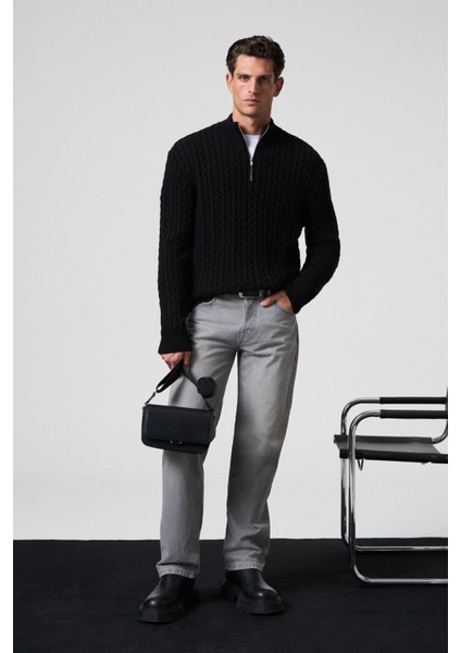 IVAR Erkek Yarım Fermuarlı Dik Yakalı Saç Örgü Desenli Triko Siyah Kazak indirimleri