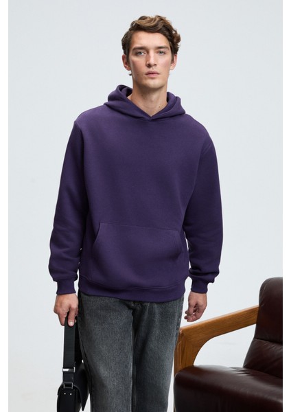 AMOS Erkek Yumuşak Kumaşlı 3 İplik Oversize Kapüşonlu Kanguru Cepli Mor Sweatshirt modelleri