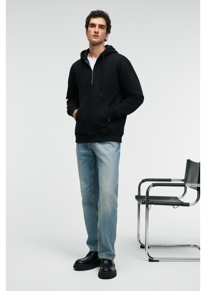 JUSTUS Erkek Kapüşonlu Kanguru Cepli Fermuar Yakalı Siyah Sweatshirt fiyatları