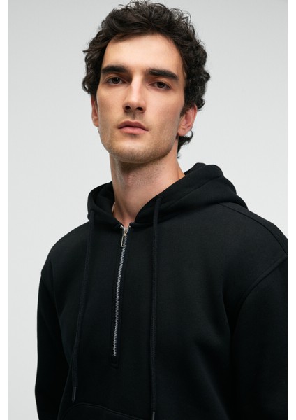 JUSTUS Erkek Kapüşonlu Kanguru Cepli Fermuar Yakalı Siyah Sweatshirt fırsatları