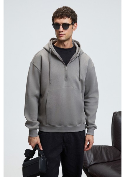 JUSTUS Erkek Kapüşonlu Kanguru Cepli Fermuar Yakalı Koyu Gri Sweatshirt