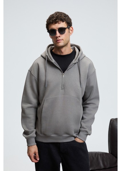 JUSTUS Erkek Kapüşonlu Kanguru Cepli Fermuar Yakalı Koyu Gri Sweatshirt fiyatları