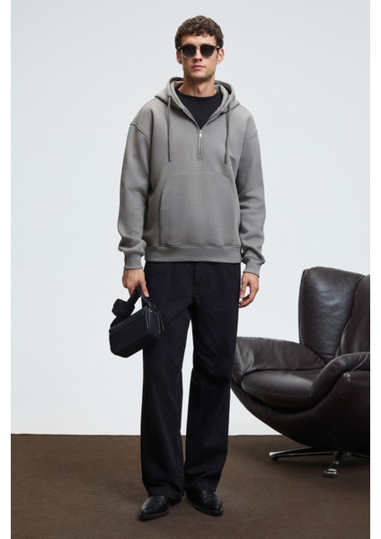 JUSTUS Erkek Kapüşonlu Kanguru Cepli Fermuar Yakalı Koyu Gri Sweatshirt modelleri