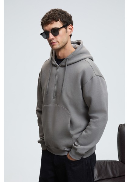 JUSTUS Erkek Kapüşonlu Kanguru Cepli Fermuar Yakalı Koyu Gri Sweatshirt fırsatları