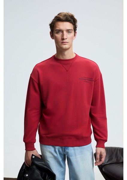 CASPIAN Erkek %100 Pamuk Bisiklet Yaka Karyoka Dikişli Baskılı Kırmızı Sweatshirt