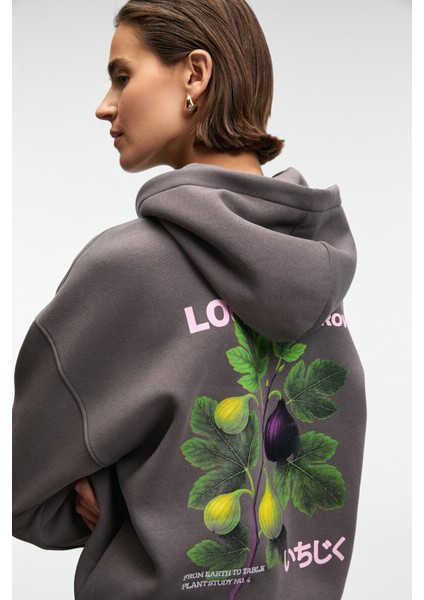 YANMESA Kadın Oversize Baskı Ve Nakış Detaylı Uzun Kollu Kapüşonlu Antrasit Sweatshirt