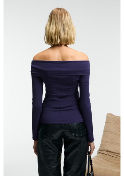 SELUNETTE Kadın Asimetrik Yakalı Omuzu Açık Esnek Kumaşlı Vücudu Saran Slim Fit Mor Bluz