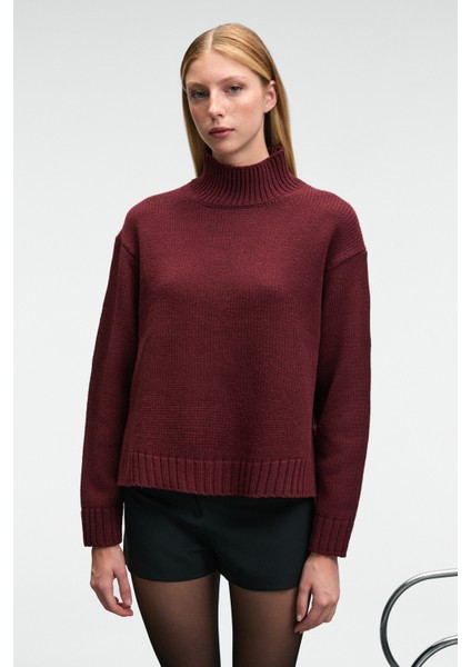 JOYITA Kadın Balıkçı Yaka Oversize Triko Bordo Kazak
