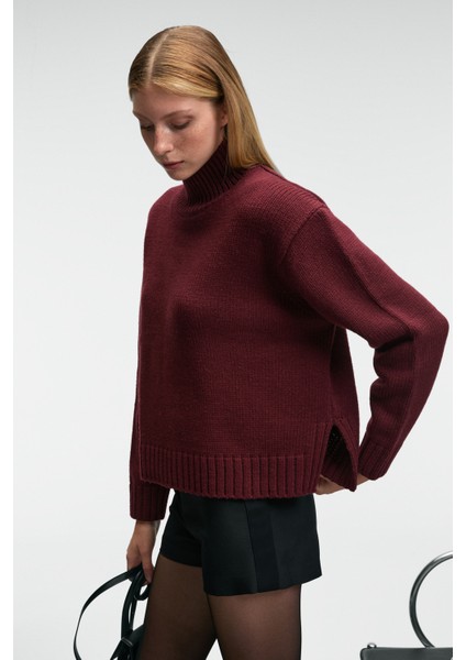 JOYITA Kadın Balıkçı Yaka Oversize Triko Bordo Kazak modelleri