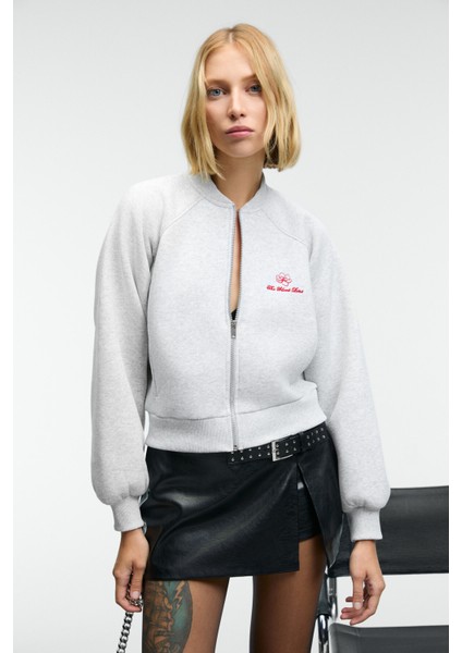 YASVELL Kadın Metal Fermuarlı Çift Cepli Nakış Detaylı Balon Kollu Bomber Grimelanj Ceket