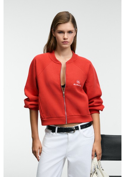 YASVELL Kadın Metal Fermuarlı Çift Cepli Nakış Detaylı Balon Kollu Bomber Kırmızı Ceket fırsatları