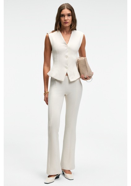 KALYYSIA Kadın Yüksek Bel Geniş Paçalı Slim Fit Ekru Pantolon