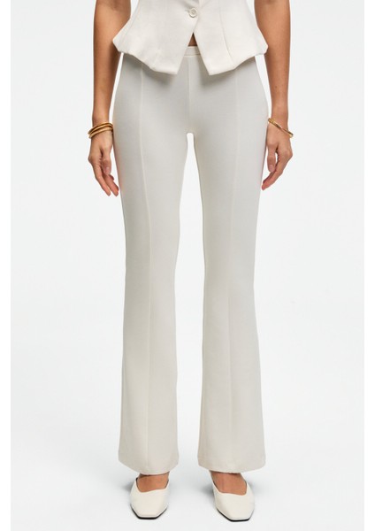 KALYYSIA Kadın Yüksek Bel Geniş Paçalı Slim Fit Ekru Pantolon fiyatları