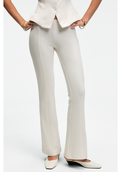 KALYYSIA Kadın Yüksek Bel Geniş Paçalı Slim Fit Ekru Pantolon fırsatları