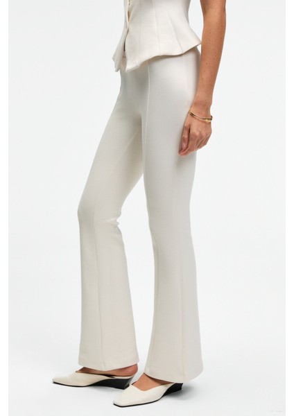 KALYYSIA Kadın Yüksek Bel Geniş Paçalı Slim Fit Ekru Pantolon