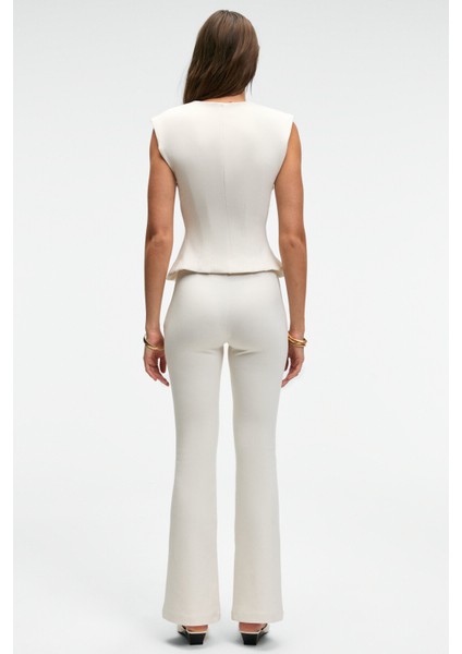 KALYYSIA Kadın Yüksek Bel Geniş Paçalı Slim Fit Ekru Pantolon