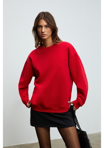 KARIUS Kadın Organik Pamuklu İçi Polarlı Oversize Yuvarlak Yakalı Kırmızı Sweatshirt